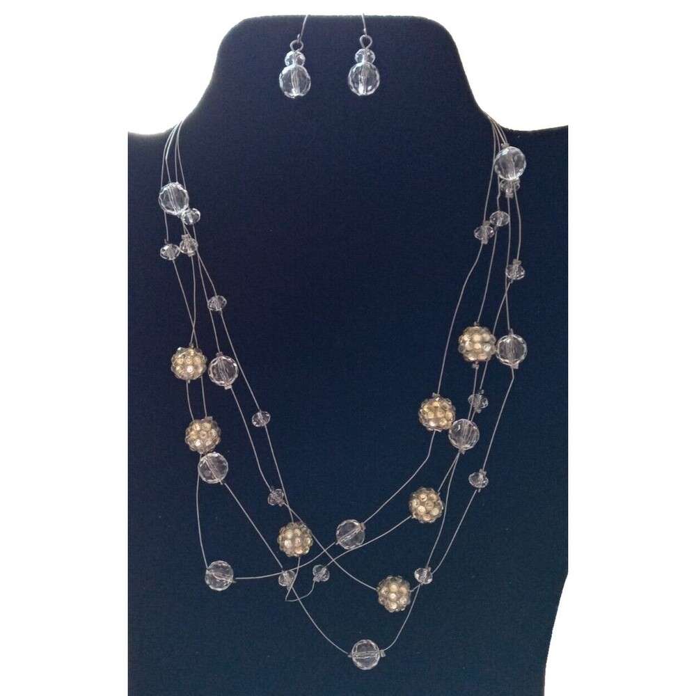 4 Strand Floating Necklace w Pierced Dangle Earrings Clear Faceted Beads NOS